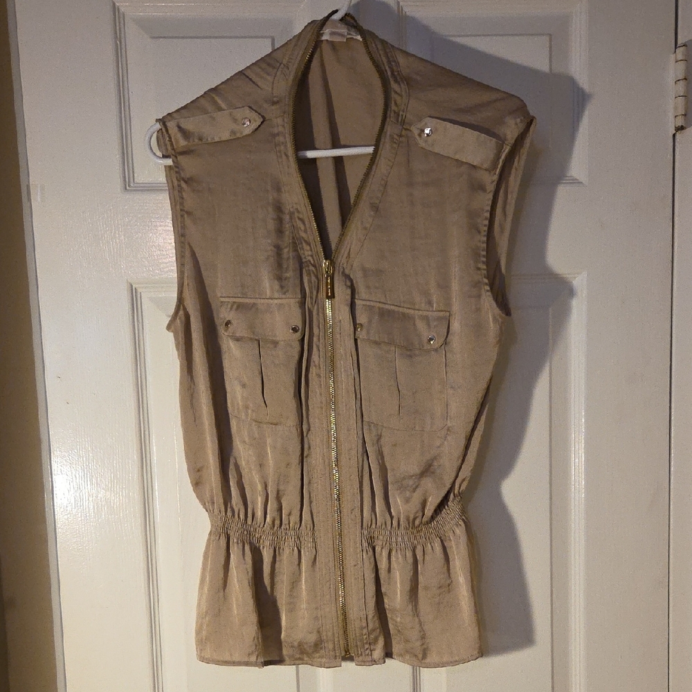 Michael Kors Tan Sleeveless Blouse with Gold Zipper